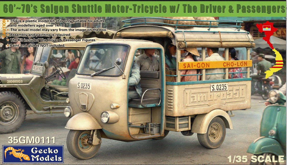 Gecko Models 35GM0111 1/35 Scale 60’~70’s Saigon Shuttle Motor-Tricycle w/The Driver & Passengers