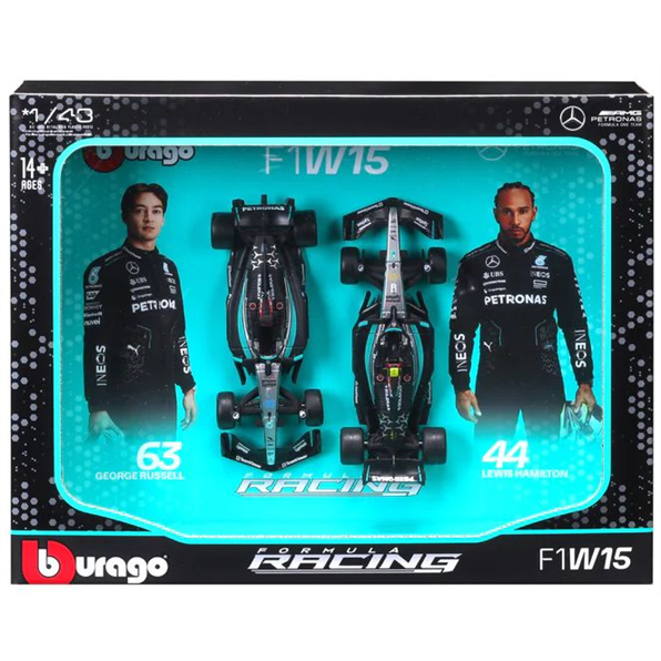 Burago 1:43 Scale Mercedes Benz AMG Petronas F1 W15 #44 Hamilton + #63 Russell 2024 2 Car Set