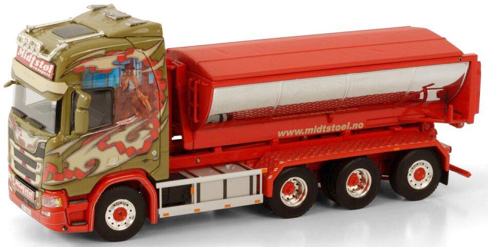 WSi 1:50 Scale Scania R Highline CR20H 8x4 Riged Truck Hooklift System + Container 'Midtstol'
