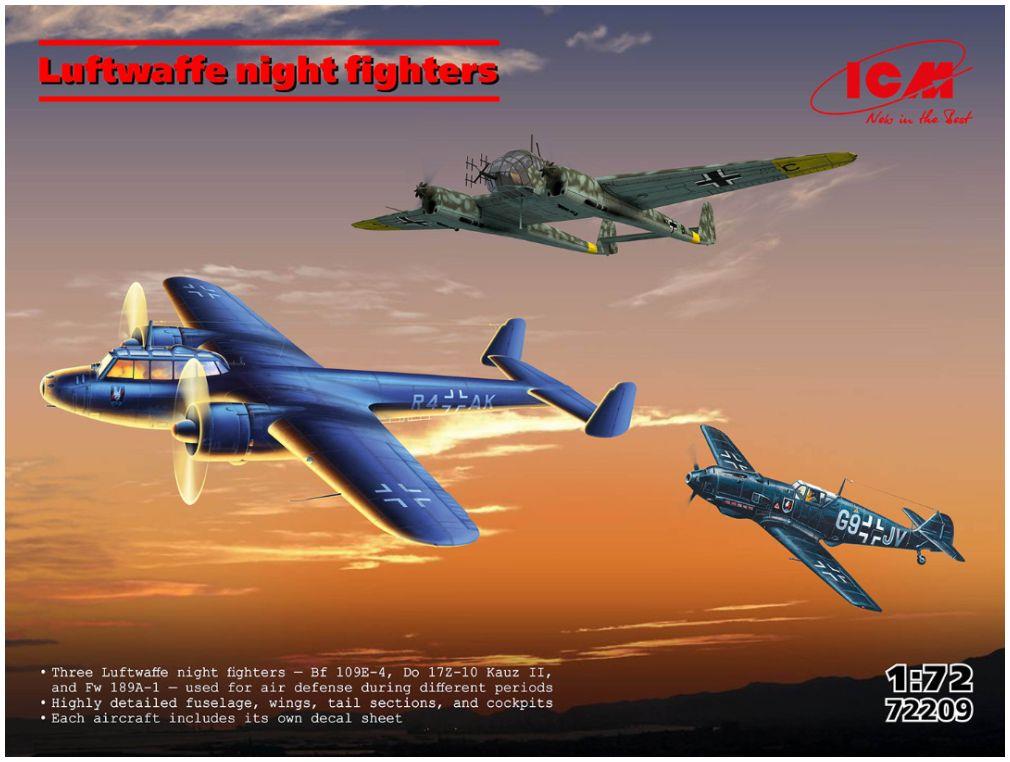 ICM Plastic Kits 1:72nd Scale Luftwaffe Night Fighters Set of 3 (Bf 109E-4, Do 172-10 Kauz II, Fw 189A-1)