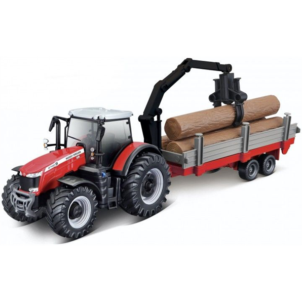 Burago 10 CM Scale Massey Ferguson 8700 + Tree Forwarder Red/