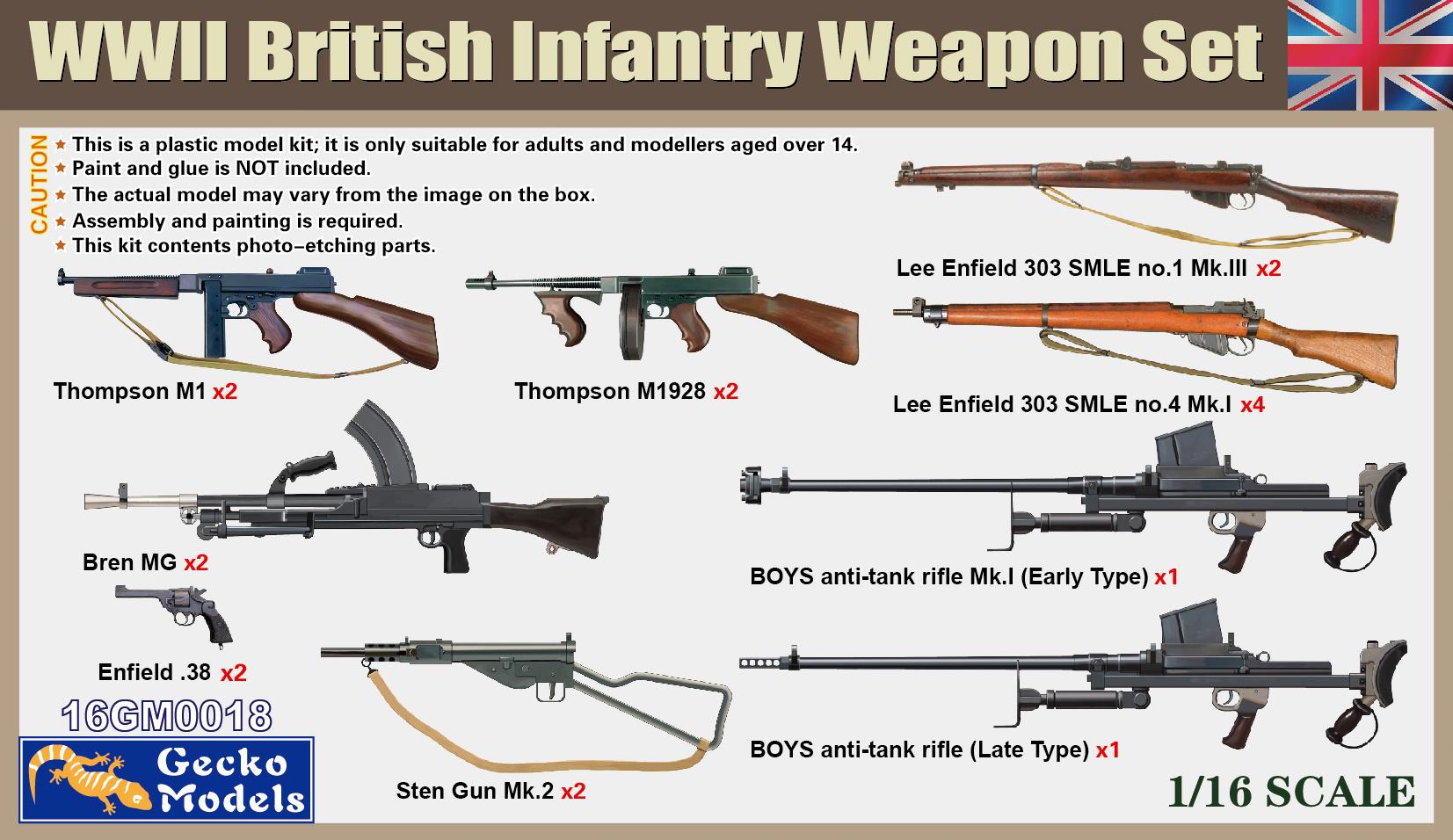 Gecko Models 16GM0018 1/16 Scale WWII British Infantry Weapon Set Plastic Model Kit