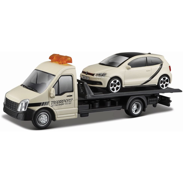 Burago 1:43 Scale Vw Polo Gti Mark 5 + Flatbed Transporter C Cream