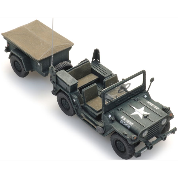 Artitec 1:87 Scale M151 Jeep + M416 Trailer Forest Green (US) Ready-Made, Painted
