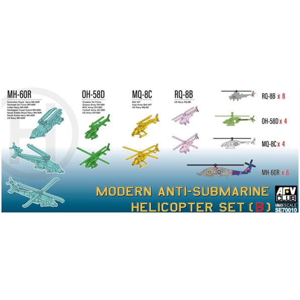 AFV Kits 1:700 Scale Modern Anti-Submarine Helicopter Set B (MH-60R, MQ-8C, OH-58D, RQ-8B)