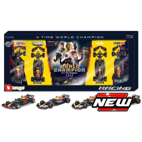 Burago 1:43 Scale Red Bull Racing F1 - 4 x World Champion Set Max Verstappen RB16B/RB18/RB19/RB20