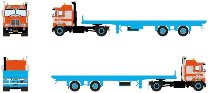 WSi 1:50 Scale Mack F700 4x2 Classic Flatbed Trailer 2 Axle van der Meijden