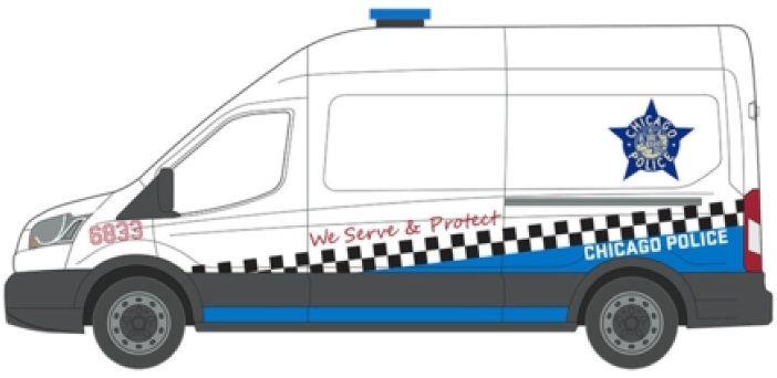 Greenlight 1:64 Scale Ford Transit LWB High Roof Chicago Police We Serve and Protect 2017