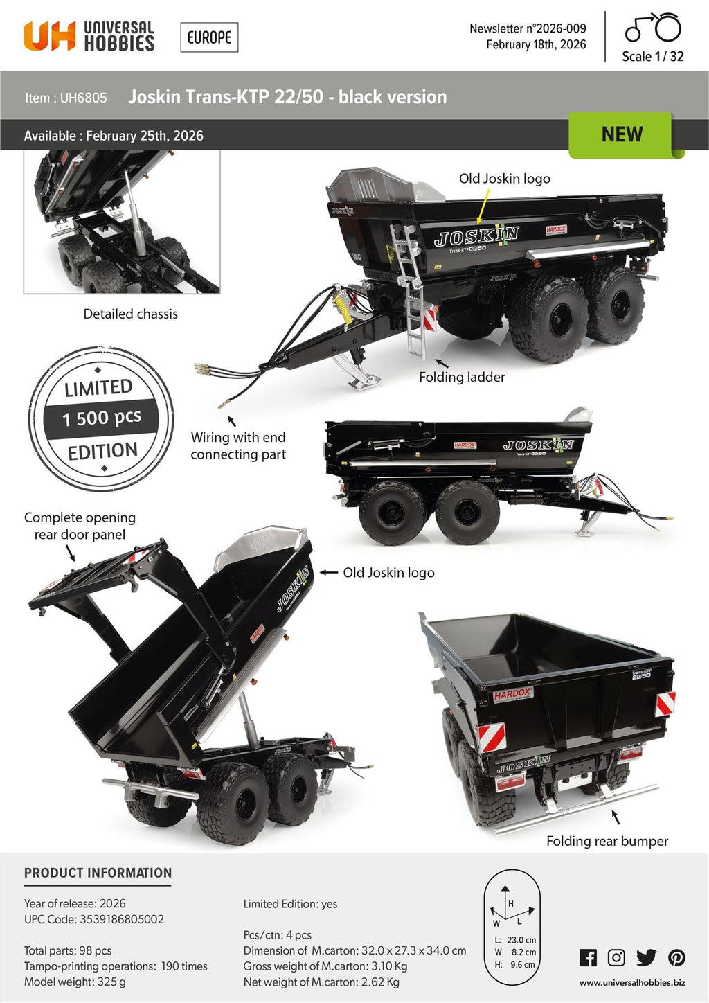 Universal 
Hobbies 1:32nd Scale Joskin KTP 22/50 Black