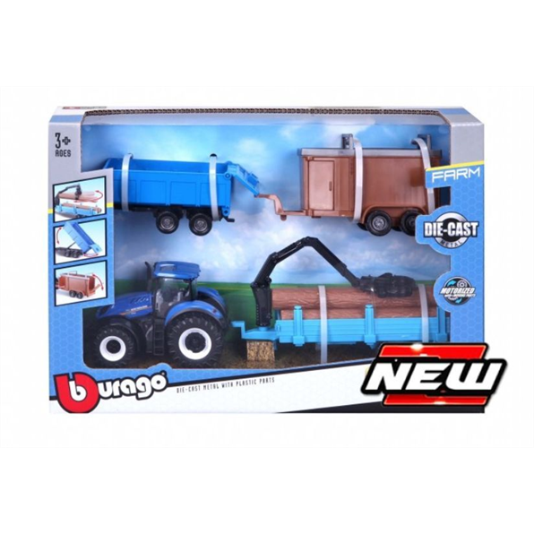 Burago 10CM Scale New Holland T7.315 Motorized w/Tipping Trailer/Livestock Trailer/Tree Forwarder