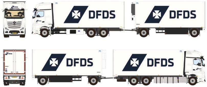 WSi 1:50 Scale Mercedes Actros MP5 Giga Space Riged Reefer 6x2 Reefer Drawbar Turntable DFDS