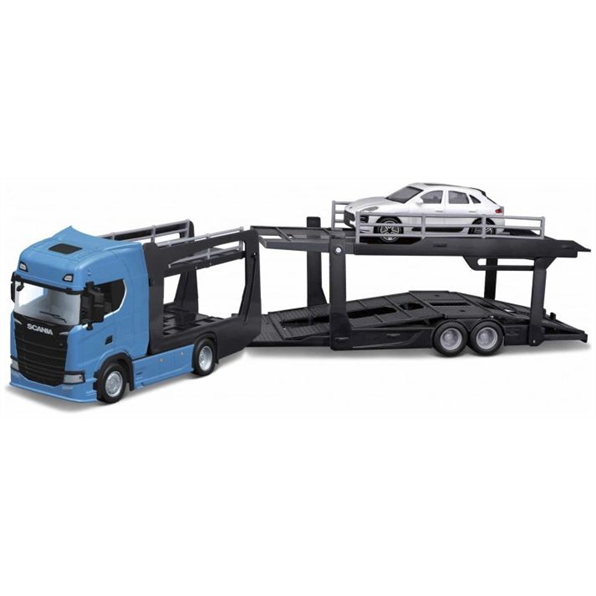 Burago 1:43 Scale Scania S730 Highline Cab Car Carrier + Porsche Macan