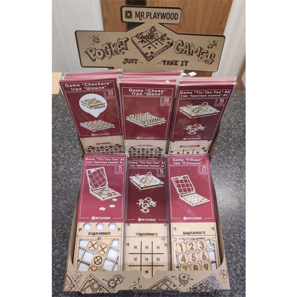 Playwood  Scale Counter display-30pc Assorted travel games Checkers/Chess/Fifteen/Tic-Tac-Toe v1&v2