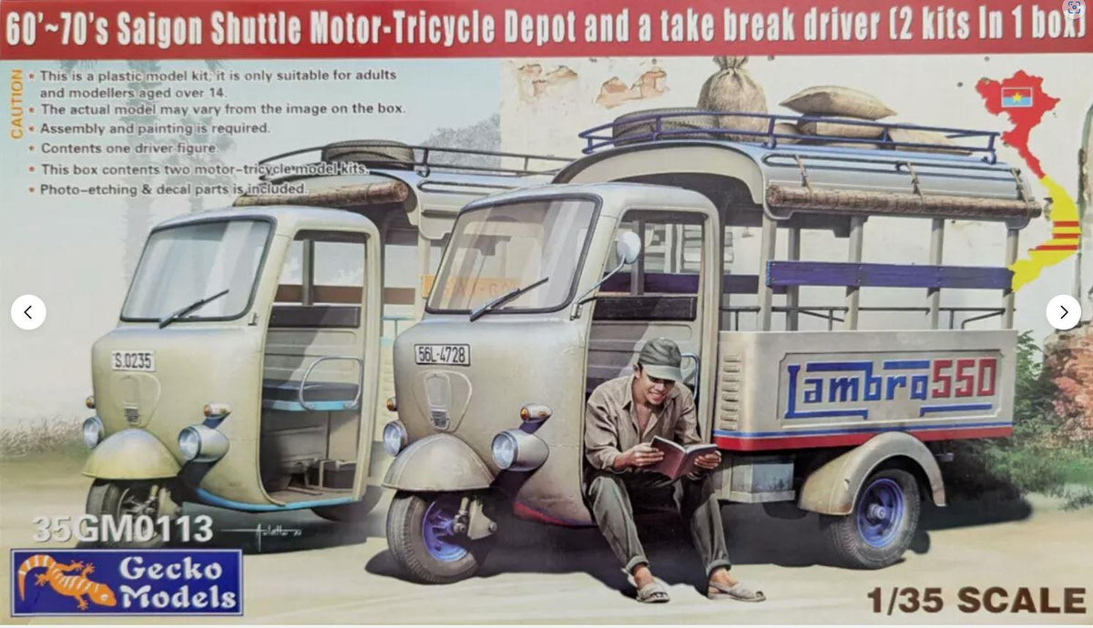 Gecko Models 35GM0113 & ; 1;35 Scale 2x 60& #8242;-70& #8217;s Saigon Shuttle Motor-Tricycle + Figure