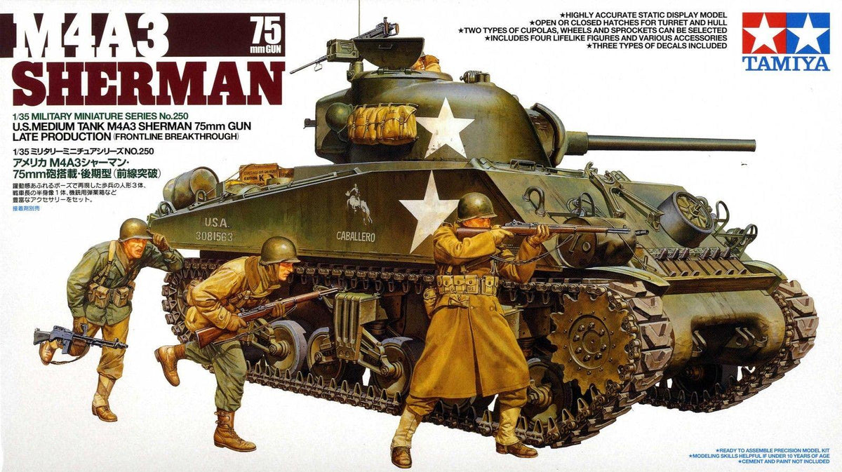 Tamiya 1/35 Scale U.S. Medium Tank M4A3 Sherman 75mm Late Prod 35250 TC