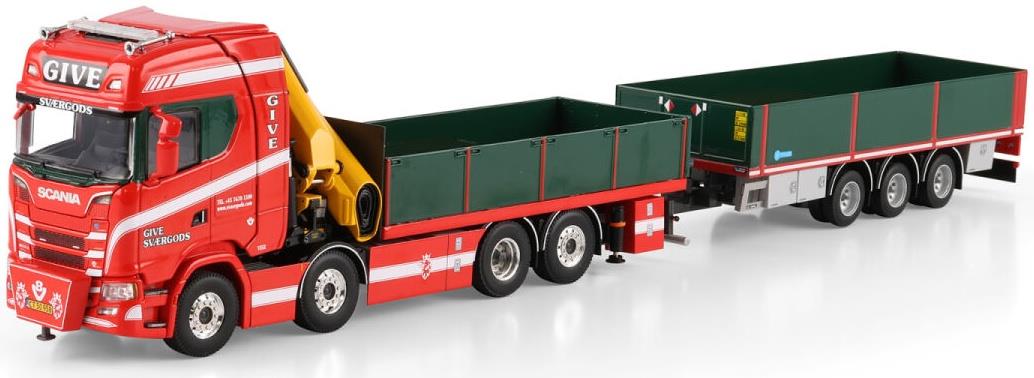 WSi 1:50th Scale Scania S Highline CS20H Riged 8x2 Flatbed Drawbar Trailer 3 Axle w/Palfinger PK 480