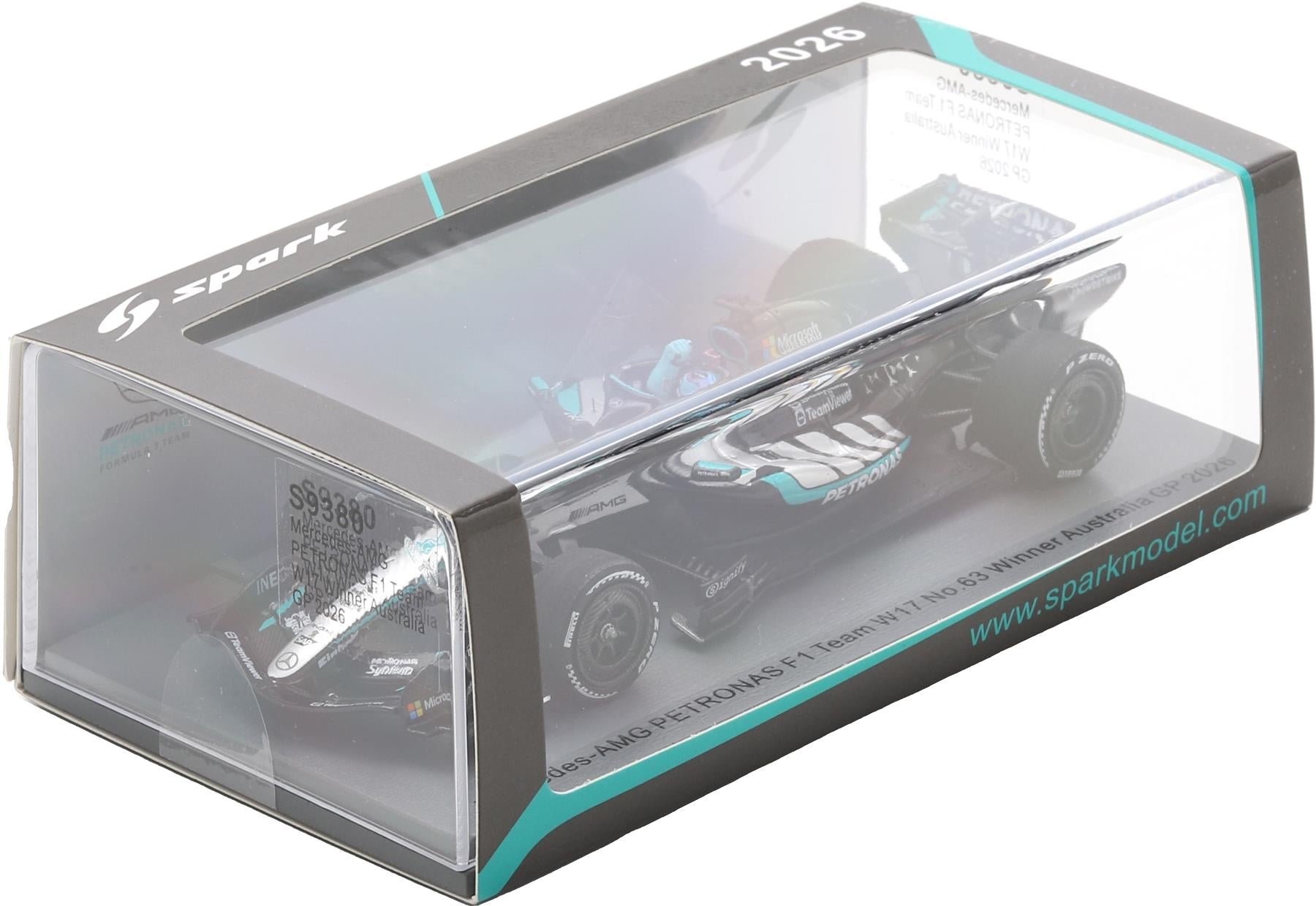 Spark  1:43rd Scale Mercedes AMG Petronas F1 W17 #63 Winner Australia GP 2026 George Russell w/Pit Boa