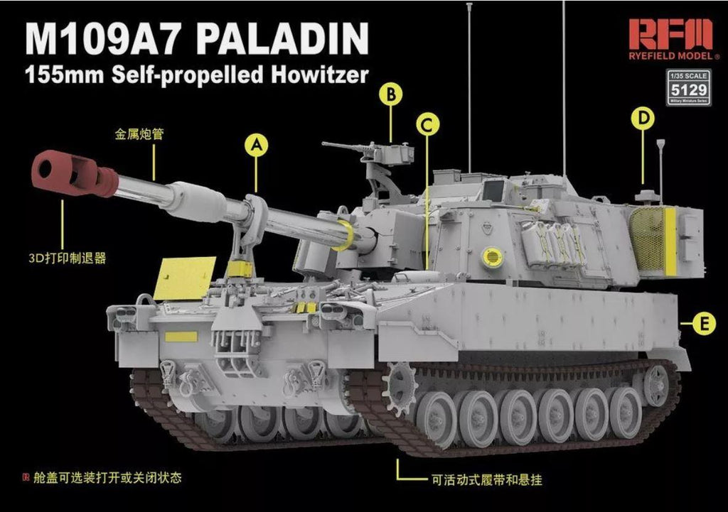 Rye Field Model 5129 1/35 Scale M109A7 PALADIN  155mm Self-propelled Howitzer w/workabel tracks