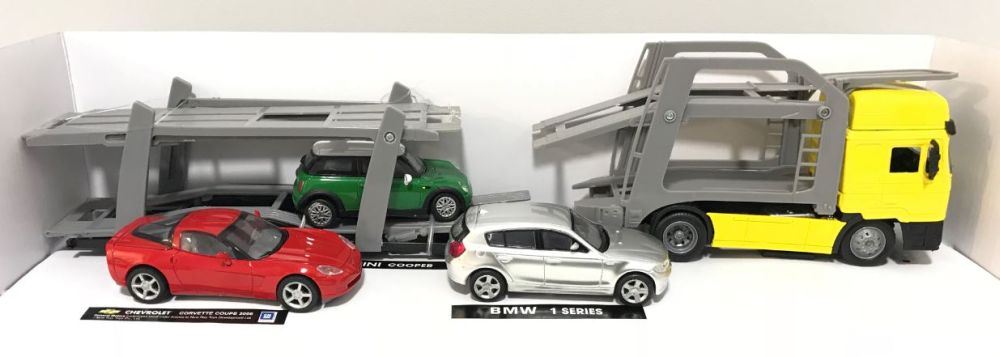 New-Ray 1:43 Scale MAN F2000 Twin Car Transporter w/Mini Cooper, BMW 1 Series, Chevrolet Coupe