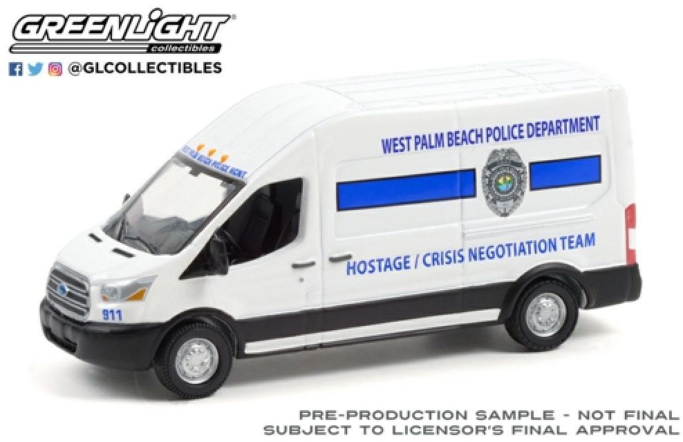 Greenlight 1:64 Scale Ford Transit LWB 2020 High Roof West Palm Beach Florida Police Hostage/Crisis Team