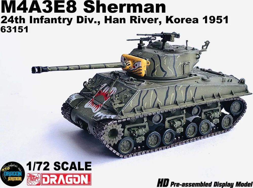 Dragon 1:72 Scale M4A3E8 Sherman 'Tiger Face' 24th Infantry Div. Han River Korea 1951