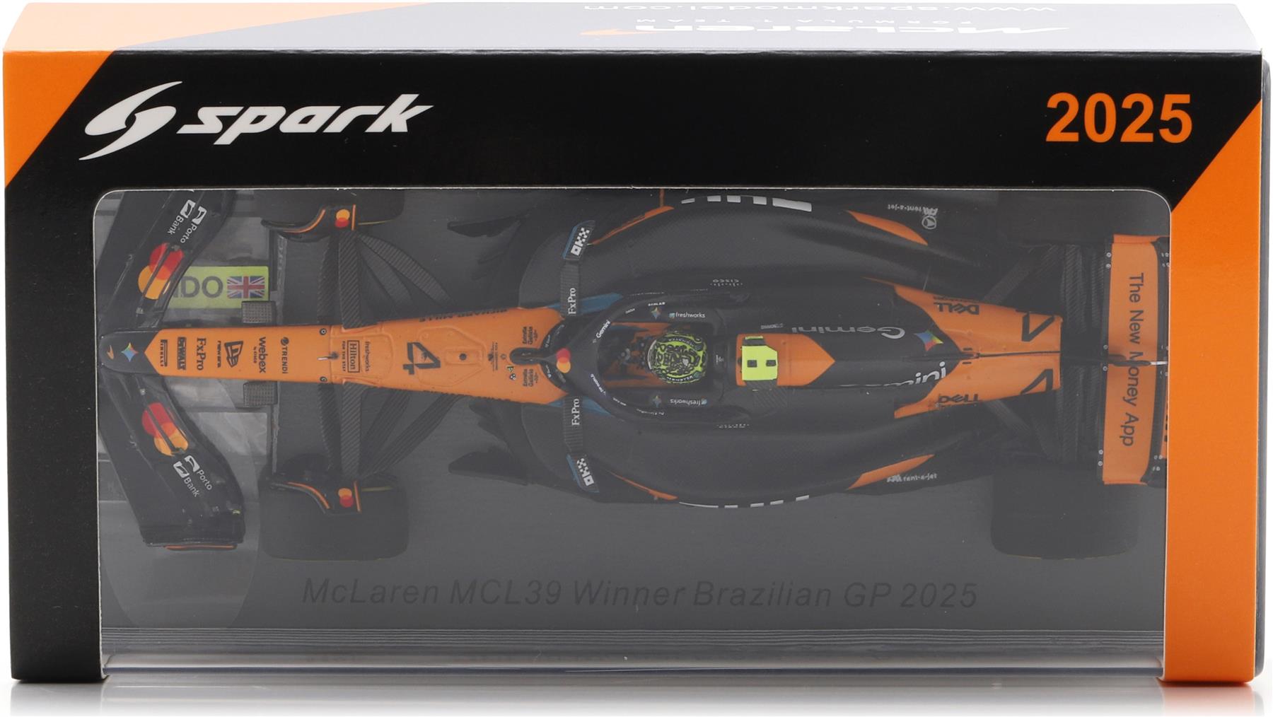 Spark  1:43rd Scale McLaren MCL39 #4 Winner Brazilian GP 2025 Lando Norris w/Number Board