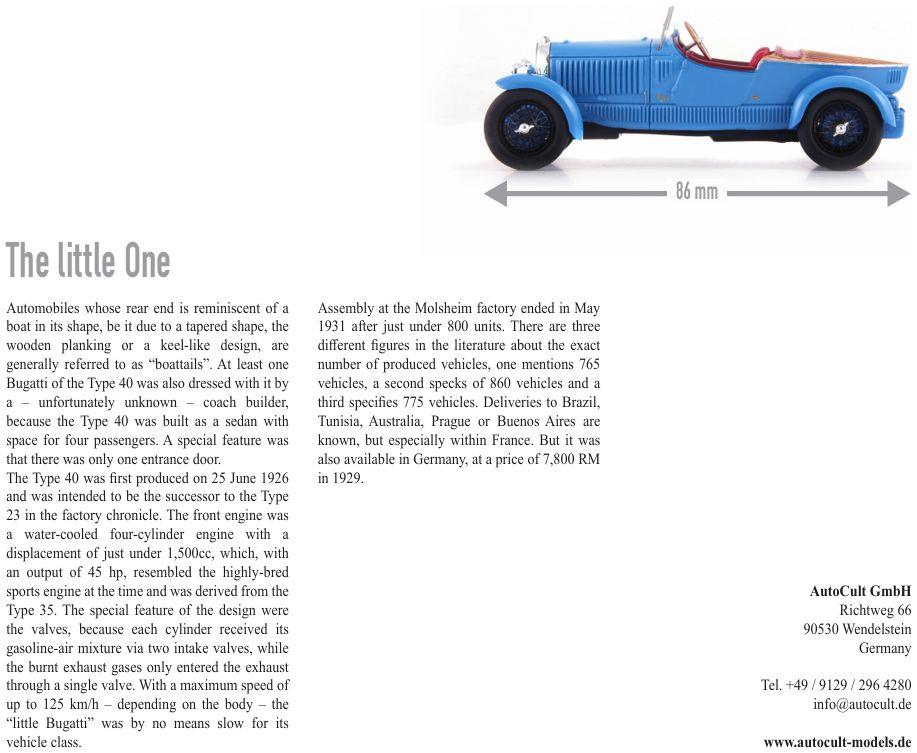 Autocult 1:43 Scale Bugatti Type 40 Boattail Speedster Blue