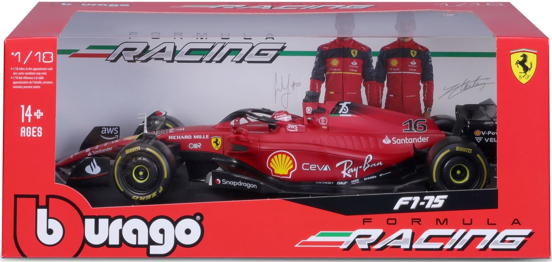 Burago 1:18 Scale Ferrari F1-75 #55 2022 Carlos Sainz Scuderia Ferrari -Yellow Wall Medium Tyres
