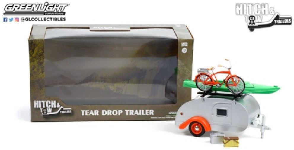 Greenlight 1:24 Scale Teardrop Trailer w/Roof Rack, Bicycle, Kayak, Cooler + Basket Silver/Orange