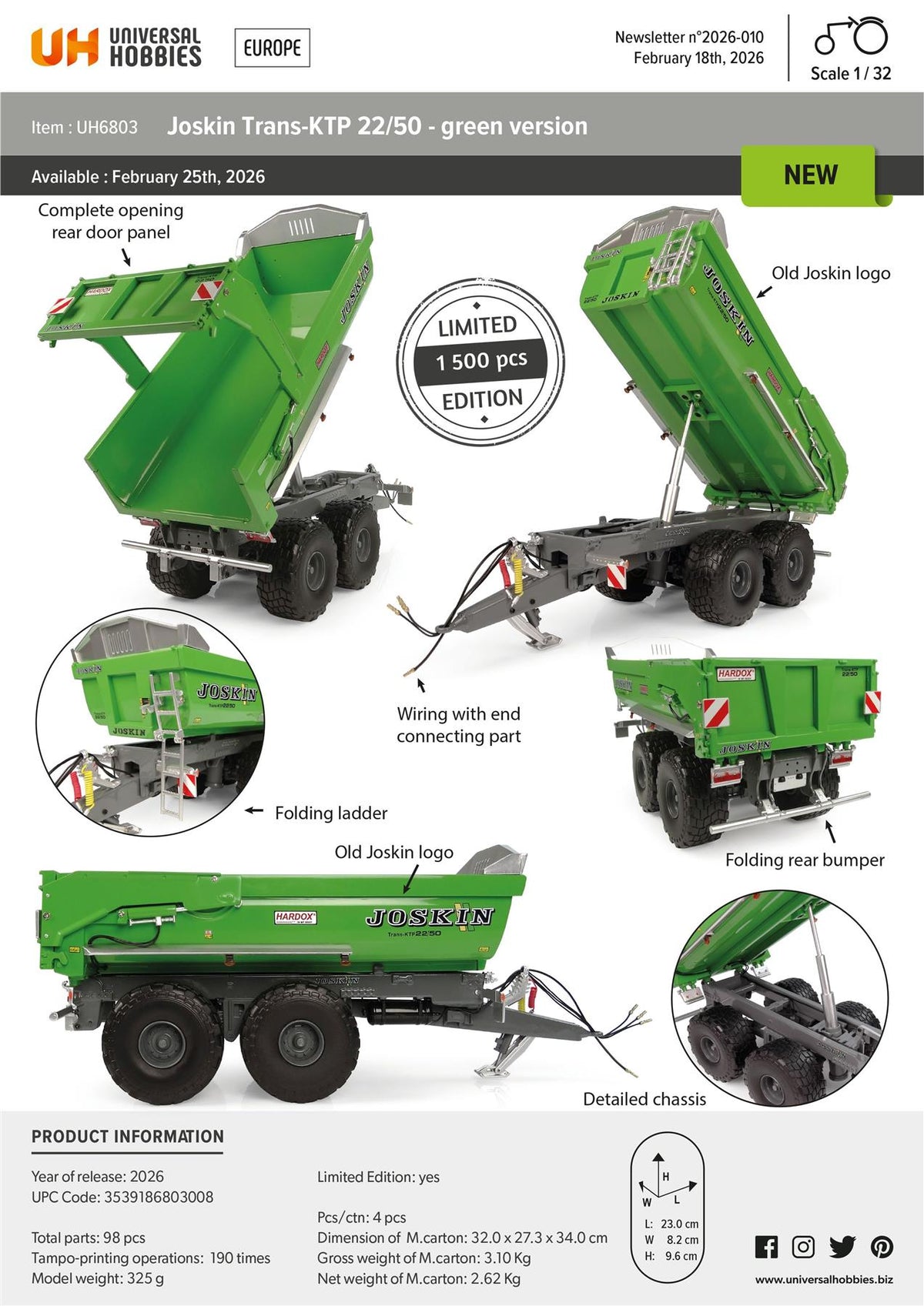 Universal 
Hobbies 1:32nd Scale Joskin KTP 22/50 Green